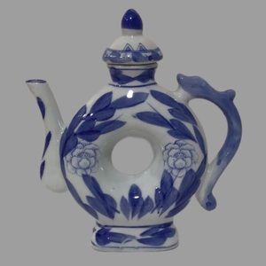 Vintage Chinese Porcelain Doughnut Shape Teapot, Decorative Floral, Blue/White